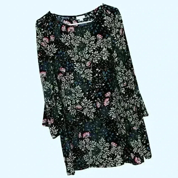 J Jill Tunic sz L Scoop Neck 3/4 Raglan Sleeve Flowy Floral Fairy Grunge Black - Picture 8 of 8